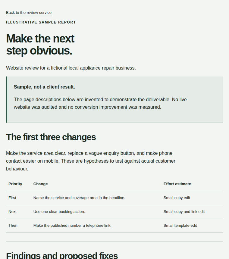 Preview of the sample report: a prioritized review for a fictional local repair business.